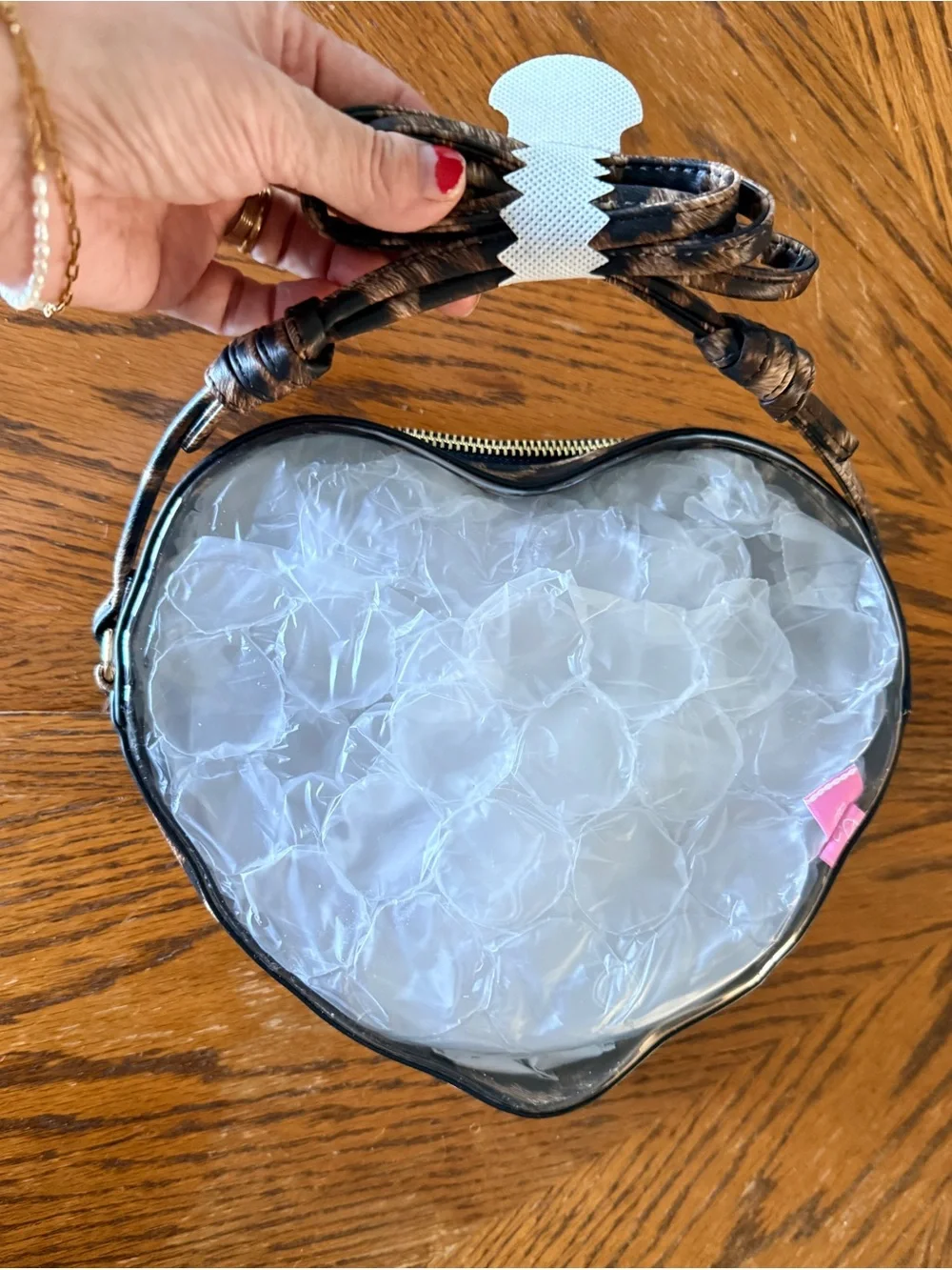 Pink Lily Vinyl Animal Print and Clear Heart-Shaped Crossbody Purse